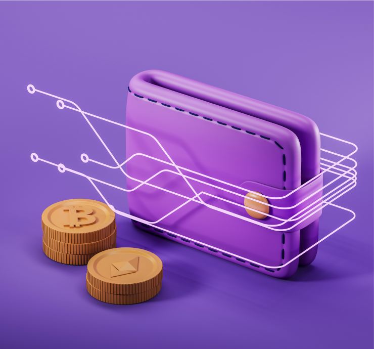 purple wallet and coins