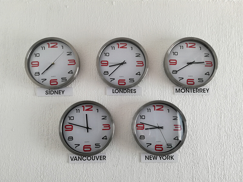 Clocks showing different time zones