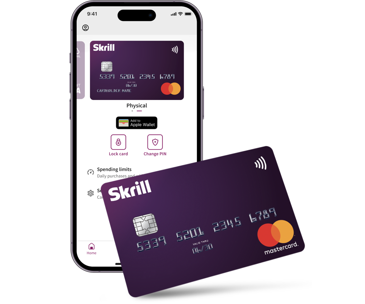 Mobiltelefon mit geöffneter Skrill-App und Skrill Prepaid Mastercard
