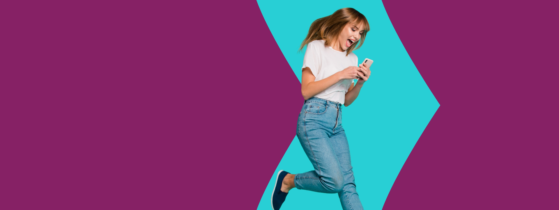 Excited lady, looking at her phone, about Skrill digital wallet benefits, brand with purple background