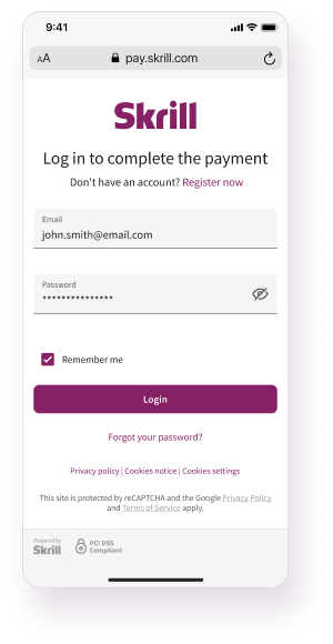 Payment flow step 1 log in to your Skrill account