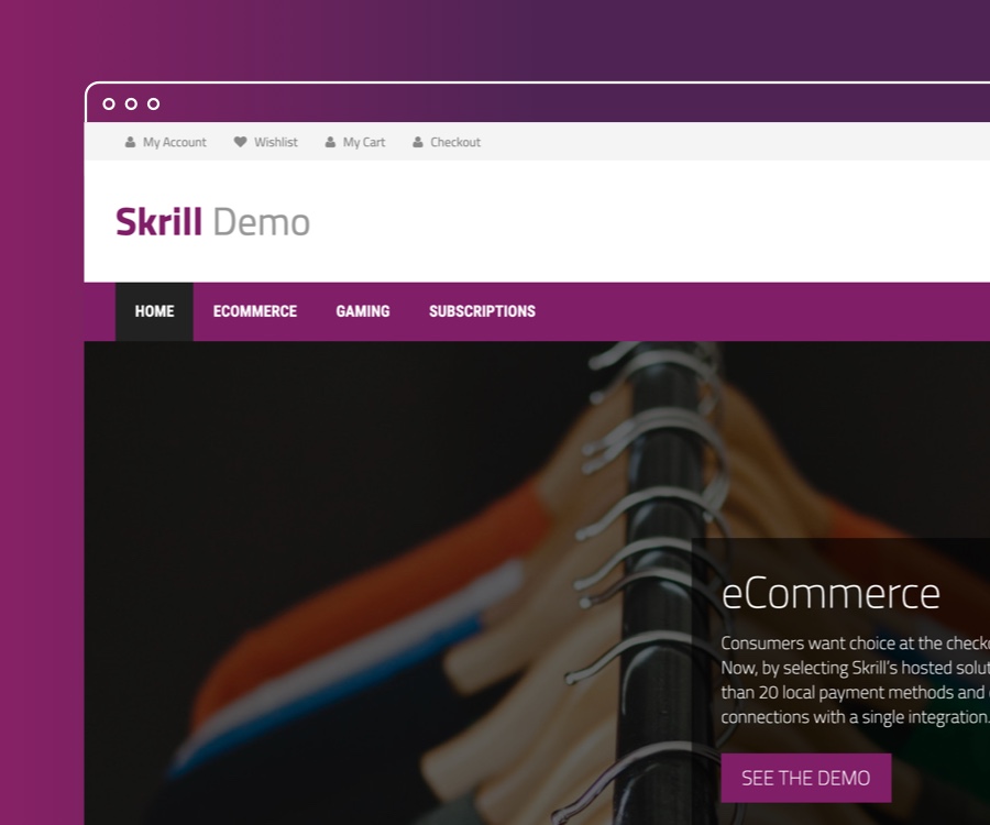 Skrill demo website screenshot, integration for ecommerce business